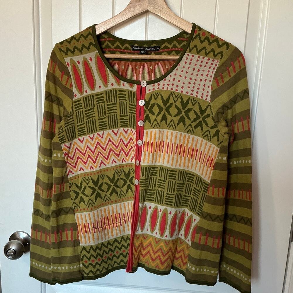 Gudrun Sjoden Organic Cotton Knit Cardigan Small Green/Cream